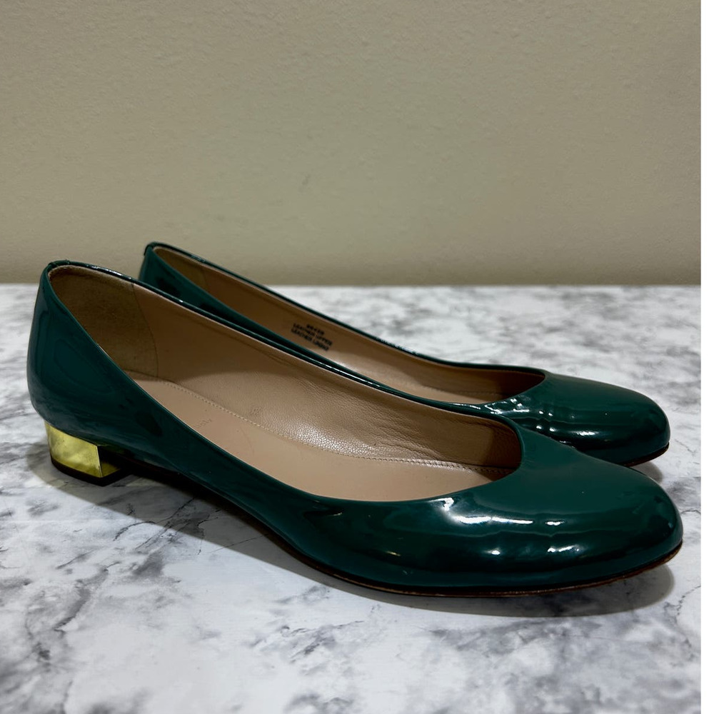 J.CREW COLLECTION JANEY Green Shoe 8 Gold Heel Patent Leather Modern Chic Italy